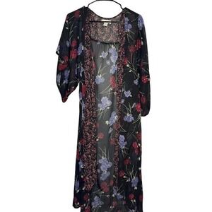Black Floral‎ Robe / Cardigan sheer hippie indie gorgeous